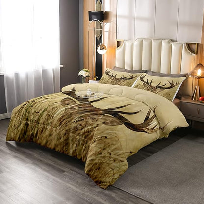 Antler Comforter Set Twin, Whitetail Deer Down Comforter, Stag Quilted Duvet, Countryside Rural Hunting Theme Comforter Set for Christmas Decorations Bedroom Decor All Season, Ultra Lightweight