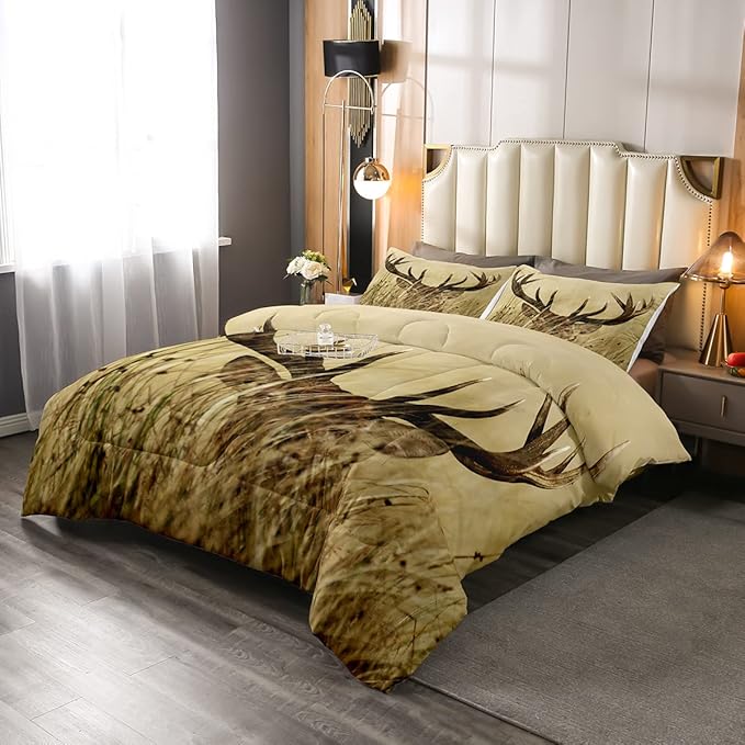 Christmas Antler Comforter Set Full, Whitetail Deer Down Comforter, Stag Quilted Duvet, Countryside Rural Hunting Theme Comforter Set for Living Room Bedroom Decor All Season, Ultra Lightweight