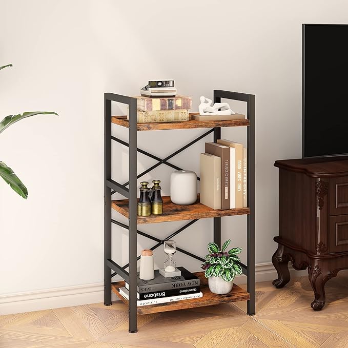 Bookshelf, 3 Tier Industrial Bookcase, Metal Small Bookcase, Rustic Etagere Book Shelf Storage Organizer for Living Room, Bedroom, and Home Office(Rustic Brown) Patent Pending D29873033