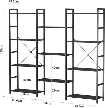 Panana Triple 4 tier bookshelf, Industrial Bookcase with 11 Open Display Shelves Wide Book Shelf Book Case with Metal Frame for Living Room Home Office (Black)
