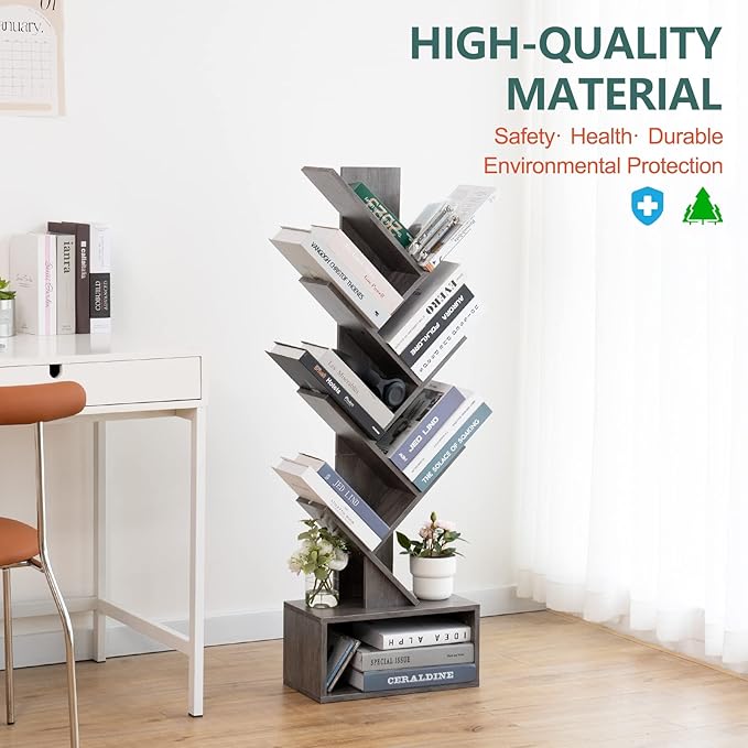 Yoobure Tree Bookshelf - 6 Shelf Retro Floor Standing Bookcase, Tall Wood Book Storage Rack for CDs/Movies/Books, Utility Book Organizer Shelves for Bedroom, Living Room, Home Office, Grey