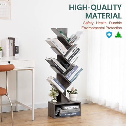 Yoobure Tree Bookshelf - 6 Shelf Retro Floor Standing Bookcase, Tall Wood Book Storage Rack for CDs/Movies/Books, Utility Book Organizer Shelves for Bedroom, Living Room, Home Office, Grey