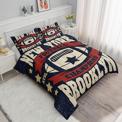 Datura home Football Comforter Sets for Boys Kids,Red Blue Theme Beige Football Championship,Duvet 3Pcs in Quilt Sets with 1 Comforter and 2 Pillowcases All Season(Red Full)