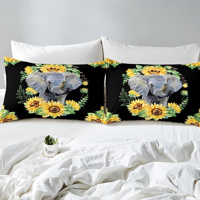 Elephant Comforter Set, Yellow Sunflower Down Comforter Full Size for Kids Girls Teens Adult Bedroom Decor, African Safari Animal Duvet Sets Floral Petal Country Bedding Set with 2 Pillow Cases