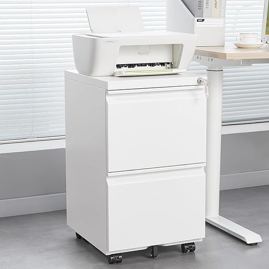 2 Drawer Mobile Lock and Casters,Pre-Assembled Metal Office Storage Filing Cabinets w/Anti-Dumping Fifth Round,for Letter/Legal/A4 Size,White