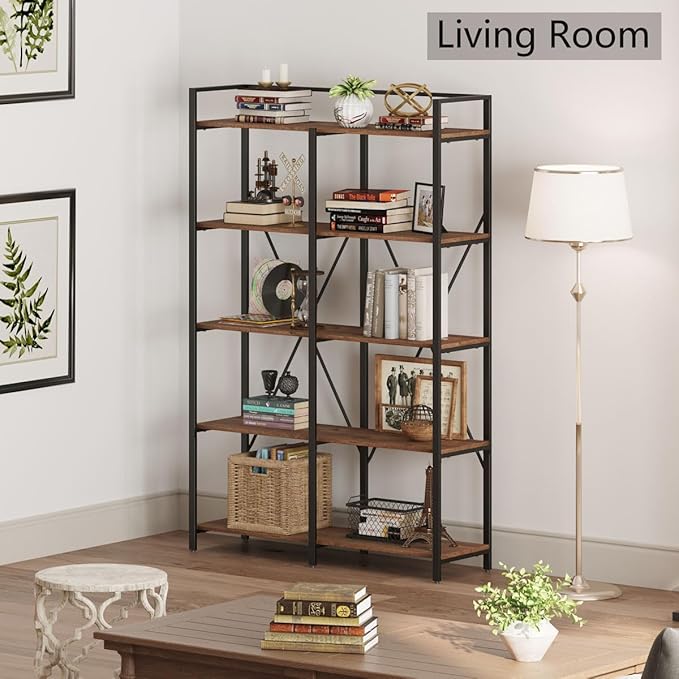 BON AUGURE Industrial Bookshelves and Bookcases, Farmhouse Large Book Shelves, 5 Tier Heavy Duty Open Bookcase, Tall Wood Metal Shelving Unit for Living Room, Bedroom, Office (Rustic Oak)