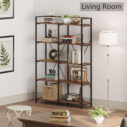BON AUGURE Industrial Bookshelves and Bookcases, Farmhouse Large Book Shelves, 5 Tier Heavy Duty Open Bookcase, Tall Wood Metal Shelving Unit for Living Room, Bedroom, Office (Rustic Oak)