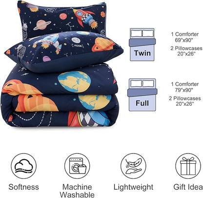 Aimuan Space Bedding Set Kid Rocket Comforter Set Full Size Super Soft & Cute Aliens UFO Printed Quilt Set for Teen Boys Girls (Navy, Full)