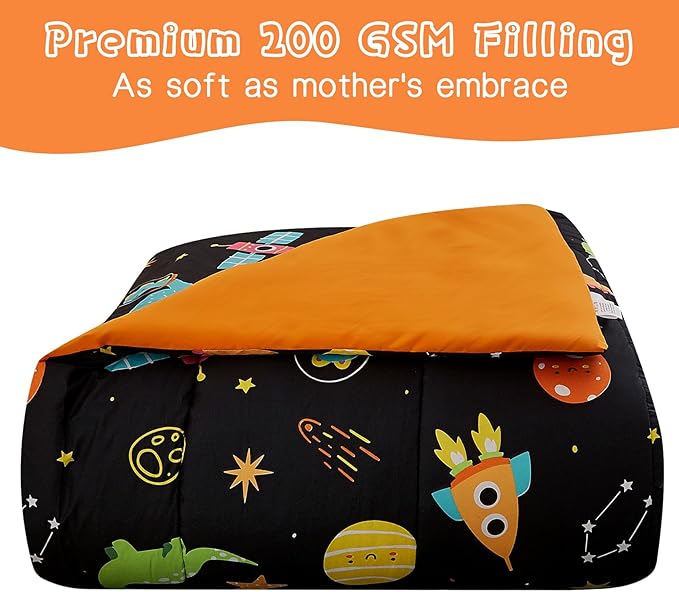 Space Dinosaur Kids Comforter Set for Boys Twin, Cute Reversible Quilted Black Printed Bedding Set with Pillow Sham, Lightweight Soft Breathable Machine Washable Bed Set 2 Piece