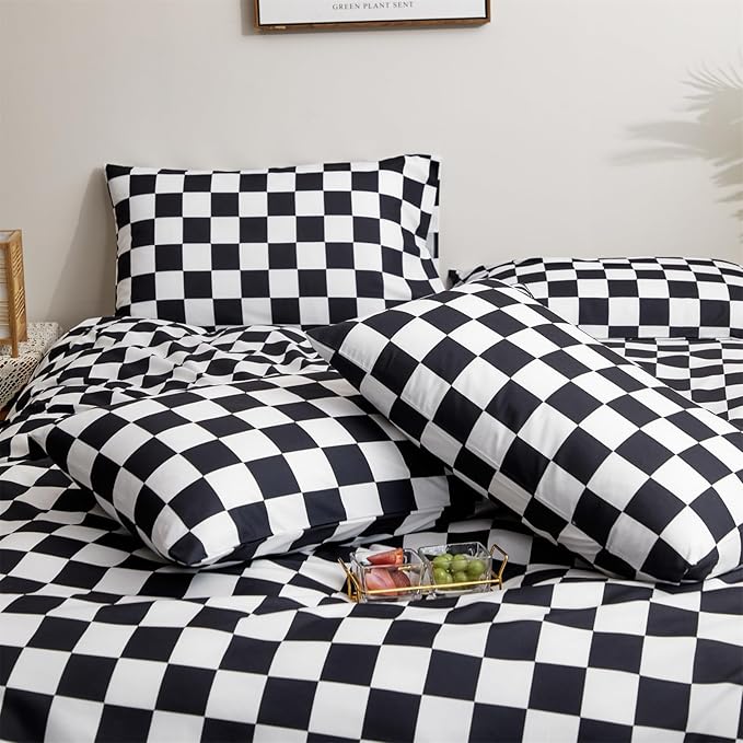 Black White Grid Comforter Set King Black Plaid Bedding Set Women Black and White Checkered Bed Comforter Set Breathable Blanket Set Men Durable Bedding Comforter Set
