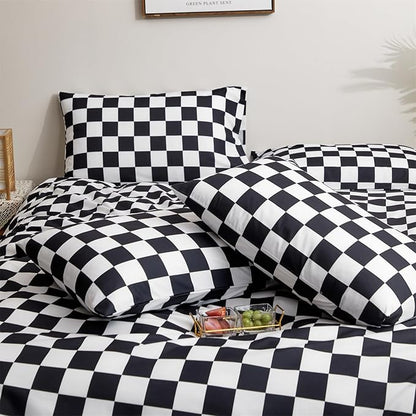 Black White Grid Comforter Set King Black Plaid Bedding Set Women Black and White Checkered Bed Comforter Set Breathable Blanket Set Men Durable Bedding Comforter Set