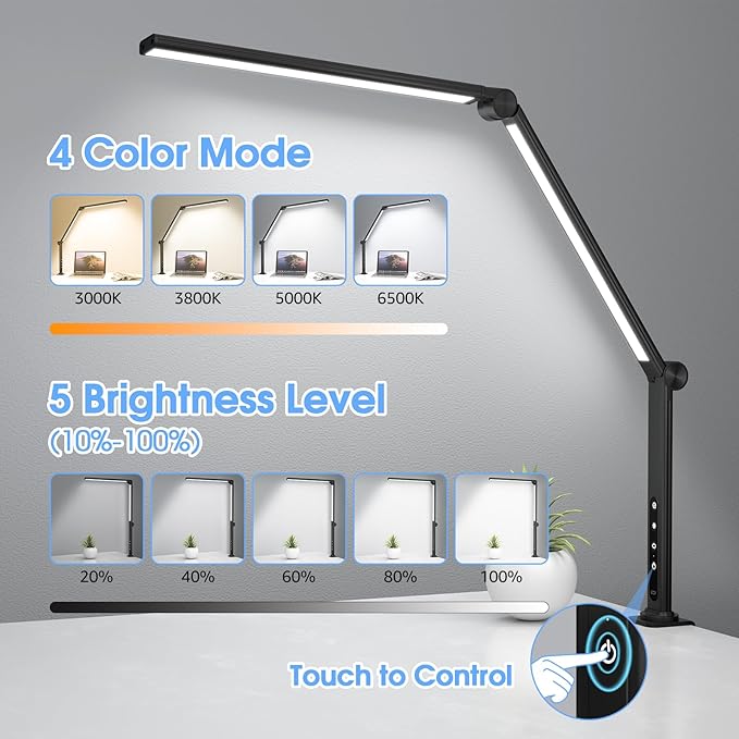 ShineTech LED Desk Lamp with Clamp, Architect Desk Lamp with Dual Light and Adjustable Swing Arm, 4 CCT Modes & 5 Brightness Levels Desk Light