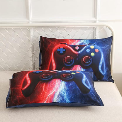 Meeting Story Gamer Gaming Bedding Sets Red-Blue Lightnings Gamepad Comforter Set for Boys Games Console Action Buttons Novelty Colorful Modern Room Decor Home Quilt Set (Red-Blue, Full)