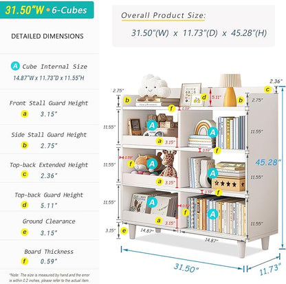 Wooden Cube Bookcase with Legs - 3-Tier Open Shelf Kidsroom Sorted Storage Cabinet Organizer for Books and Toys, 6-Cube Lattice Cute Cubby Bookshelf in Pearl White, 32" W