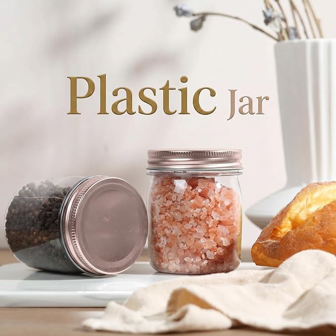 novelinks 8 oz Plastic Mason Jars and Clear Plastic Jars with Lids 8 oz | 32 Pack, Rose Gold, Plastic Containers with Lids, Small Mason Jars, Clear Jars Bulk, Spice Jars, Slime Jars, Mini Jars