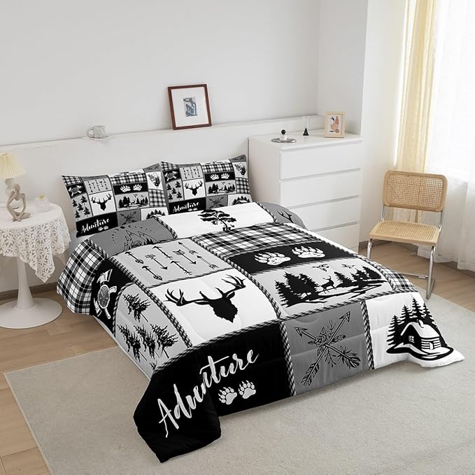 Deer Bear Comforter Set King Size,Pine Trees Christmas Bedding Set for Kids Boys Girls Adults Room Decor,Camping Adventure Rustic Farmhouse Down Comforter,Black Retro Duvet Insert,2 Pillowcases