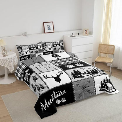 Deer Bear Comforter Set Queen Size,Pine Trees Christmas Bedding Set for Kids Boys Girls Adults Room Decor,Camping Adventure Rustic Farmhouse Down Comforter,Black Retro Duvet Insert,2 Pillowcases
