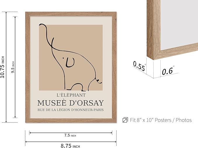 Poster Master Vintage Poster - Retro Minimalist Print - Gift for Artist, Housewarming - Elephant, Line Drawing, Sketch, Abstract - Wall Decor for Living Room, Bedroom, 8x10 Beige Framed