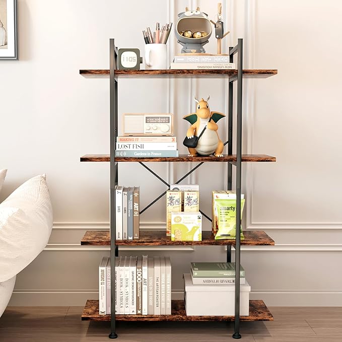4 Tiers Bookshelf Rustic Brown Wooden Storage Shelf, Industrial shelf Book Organizer,Modern Open Display Storage Bookcase,Metal Bookshelf Standing Tall Shelving Units for Home Office Study.