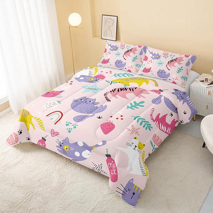 Kawaii Cats Comforter Twin Size,Pink Cats Kids Comforter Set,3Pcs Bedding Set Printed Comforter with 2 Pillowcases,Down Alternative,Soft and Lightweight,for All Seasons