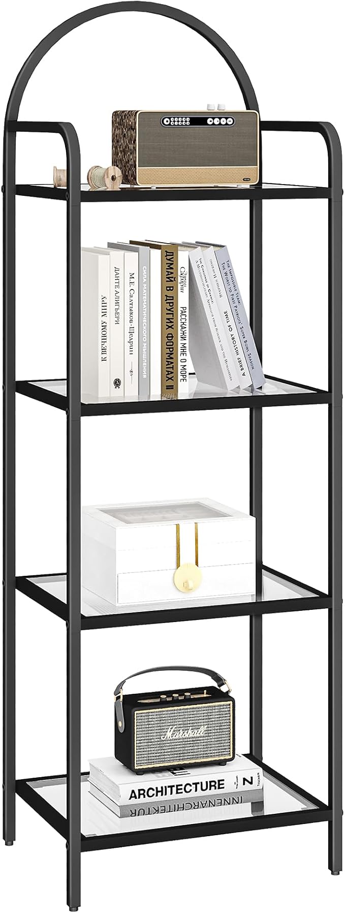 Bookcase Bookshelf, Tempered Glass Bookshelves, Slim Shelving Unit for Bedroom, Bathroom, Home Office, Steel Frame, 4 Tier Black BC04001B