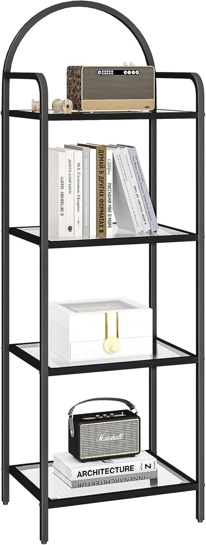 Bookcase Bookshelf, Tempered Glass Bookshelves, Slim Shelving Unit for Bedroom, Bathroom, Home Office, Steel Frame, 4 Tier Black BC04001B