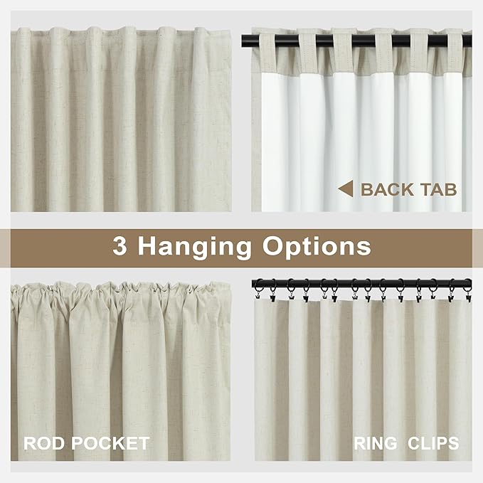 54 Inch Curtains Sunblock Curtains for Bedroom 2 Panel Set Flax Linen Short Blackout Insulated Thermal Opaque Curtain for Summer Heat Kitchen 4.5 ft Drapes for 50 Inch Small Window 52x54 Length Beige