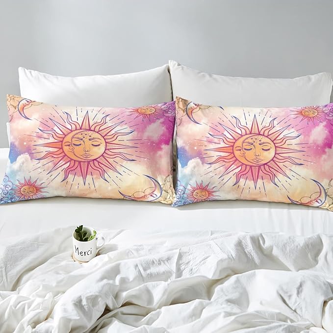 Sun and Moon Comforter Set King Stars Constellation Galaxy Bedding Set,Pink Blue Pastel Clouds Tie Dye Comforter for Kids Girls Women Boho Hippie Psychedelic Celestial Astrology Quilt Duvet Set 3 Pcs