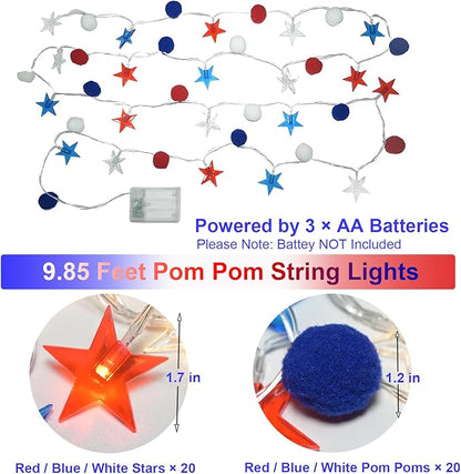 4th of July Decorations 9.85FT Red White and Blue Star String Lights Pom Pom Star Lights Battery Operated with Timer Fairy Lights for Independence Day Memorial Patriotic Fourth of July Decor for Home