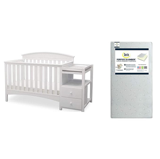 Delta Children Abby Convertible Crib 'N' Changer, Bianca + Serta Perfect Slumber Dual Sided Recycled Fiber Core Crib and Toddler Mattress (Bundle)