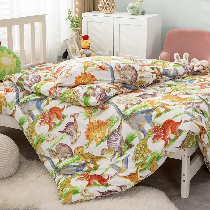 Feelyou Kids Dinosaur Comforter Set Twin Size Boys Girls Watercolor Cute Dino Bedding Set Ultra Soft Lightweight Jungle Animal Pattern Comforter for Children (1 Comforter + 1 Pillowcase, Twin)