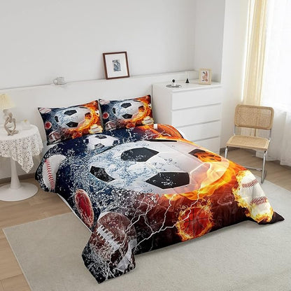 Erosebridal Boys Soccer Bedding Set Football Sports King Comforter Set for Kids Teen Youth Bedroom Decor Lightning Baseball Quilt Duvet Water Fire Basketball Comforter with 2 Pillow Cases Red Blue