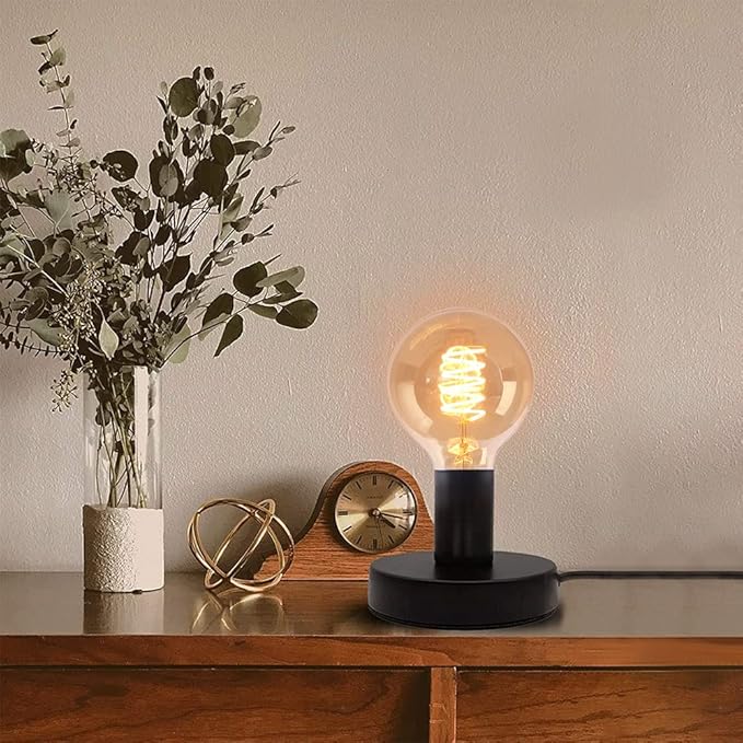 Industrial Table Lamp,Base E26/E27 Ceramic Base Holder, Vintage Small Desk Lamp with Plug in Cord On/Off Switch,Simple Metal Edison Light Bulb Stand (Black)