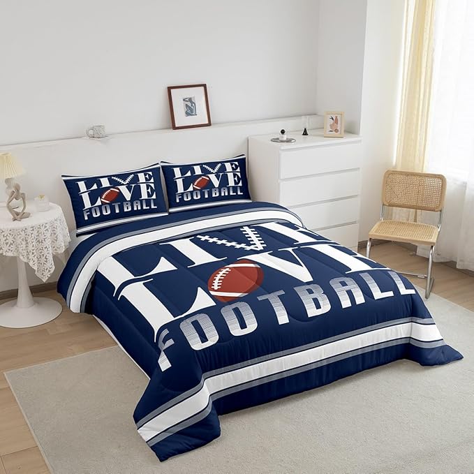 Feelyou Rugby Sports Bedding Set Queen Size Football Comforter Set for Kids Boys Girls Decor Soccer Ball Game Comforter Microfiber American Football Player Duvet Set Bedroom Quilt Set