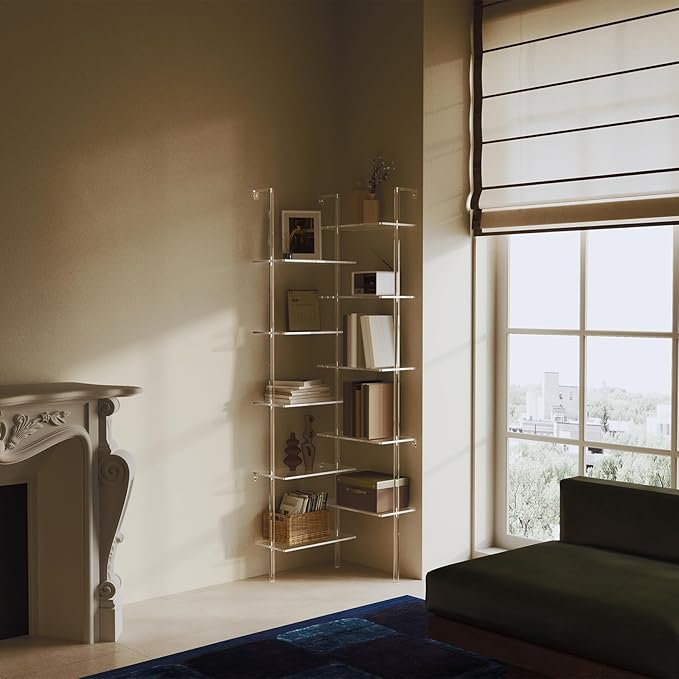Acrylic Corner Bookshelf, Wall Mounted, 10-Tier L Shaped Bookshelf with Open Shelves, Multipurpose Clear Ladder Bookcase for Living Room, Bathroom, Office, Modern, 73.6" H