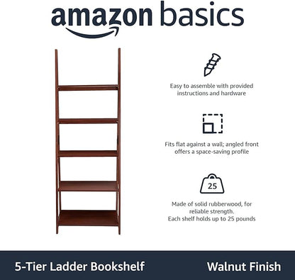 Amazon Basics Modern 5-Tier Ladder Bookshelf Organizer, Solid Rubberwood Frame, Walnut Finish, 14" D x 24.8" W x 70.1" H