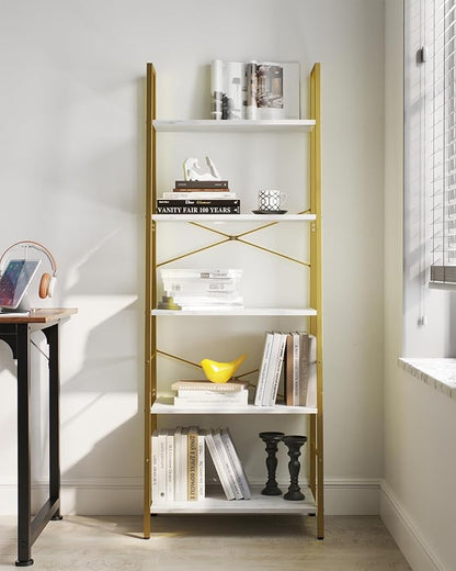 Yusong Ladder Shelf, 5-Tier Bookshelf Wood Bookcase for Living Room, Industrial Book Shelves, Tall Storage Display Rack Plant Stand for Bedoom, Home Office, Gold Metal Frame and White Marble Plank