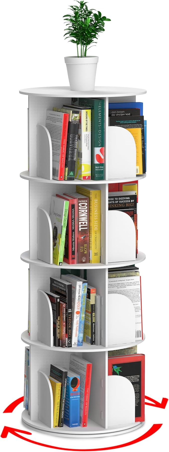 Rotating Bookshelf, Revolving Bookcase, Spinning Book Shelf, 4 Tier, 18.2” W x 50.6” H, White, Wood, 360 Degrees Bookshelves, Floor Stand, Rotation Display Tower, Stackable, Round, for Kids, Children