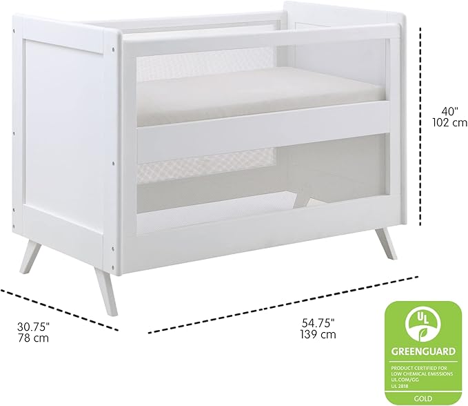 BreathableBaby Breathable Mesh 3-in-1 Convertible Crib (Toddler Bed Kit Sold Separately) — White — Two Adjustable Mattress Heights — Greenguard Gold Certified