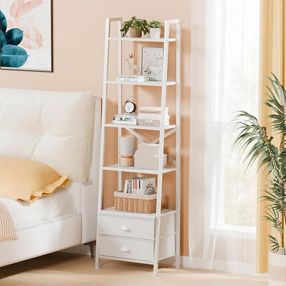 Furologee 5-Tier Ladder Shelf with 2 Drawers,Narrow Bookshelf Storage Shelves,Industrial Bookcase Freestanding Shelf Units for Bedroom,Living Room,Bathroom,Home Office,Balcony,Wood Metal, White