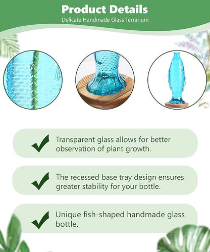 Nacome Fish Vase Glass Plant Terrarium with Wooden Stand,Planter Propagation Station for Home Office Hydroponics Desk Decoration,Unique Gardening Gifts for Plant Lovers Women Mom(Blue)
