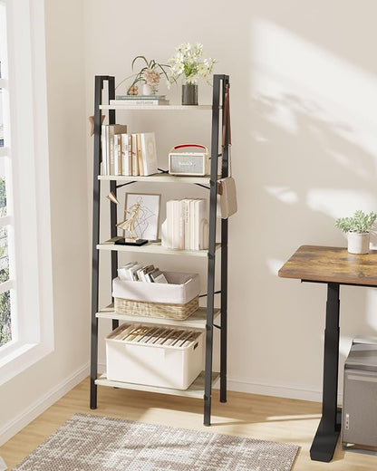 Ladder Shelf, Bookshelf Bookcase, Freestanding Corner Storage Shelve with 2 Hooks for Home Office, Living Room, Kitchen, Bedroom, Industrial, 5-Tier Greige BC19305B