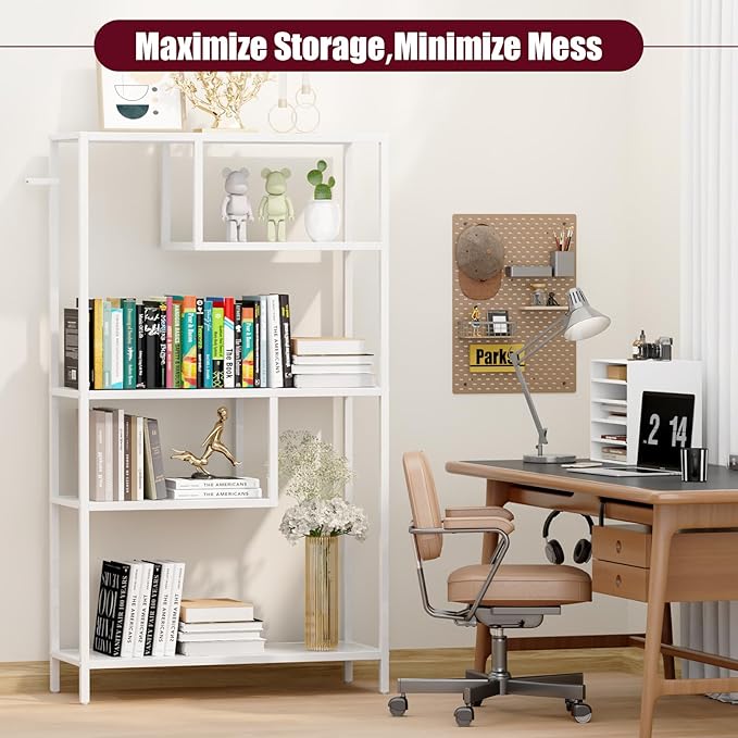 HOME BI Geometric Bookshelf, Tall Modern Etagere Bookcase, Industrial Metal Book Shelf with 5 Open Display Shelves for Office Living Room, White