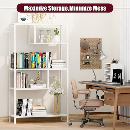 HOME BI Geometric Bookshelf, Tall Modern Etagere Bookcase, Industrial Metal Book Shelf with 5 Open Display Shelves for Office Living Room, White