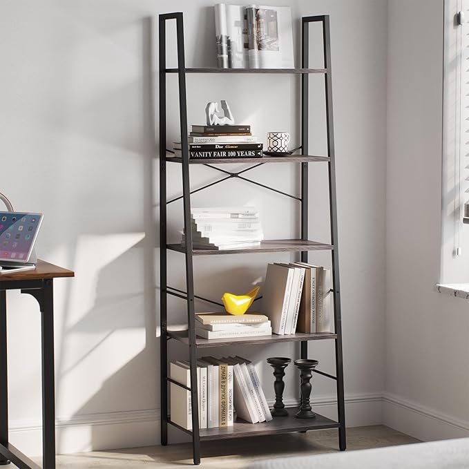 Yusong Bookshelf, Ladder Shelf 5-Tier Bookcase for Bedroom, Industrial Book Shelves Storage Rack with Metal Frame for Home Office, Gray