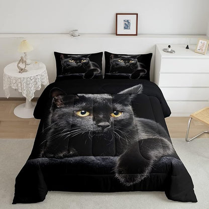 Cat Comforter Bedding Set Twin For Girls Kids,Black Cat Lying On The Black Sofa Pattern Printed Bedding Set,Black Comforter Set,Pet Animal Comforter Soft Breathable Microfiber Quilt With 1 Pillowcase
