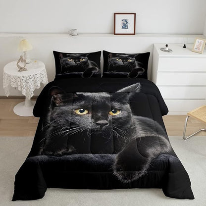 Erosebridal Black Cat Comforter Set Full 3D Cat Duvet Insert for Kids Girls Boys Cat Lover Cute Farmhouse Domestic Pet Animal Bedding Set Cute Cat Down Comforter Soft Warm Quilt Set Bedroom Decor