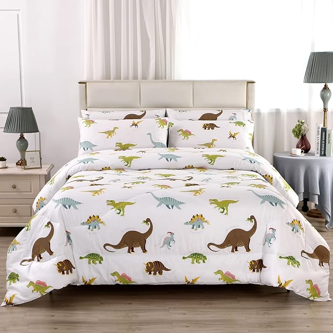MAG 3Pcs Dinosaur Bedding Comforter Set, Dino White Base Twin Comforter Set,for Toddlers Kids,Boys Teens and Girls,Super Soft Microfiber, Twin Size (1 Comforter + 2 Pillowcases)