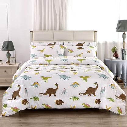 MAG 3Pcs Dinosaur Bedding Comforter Set, Dino White Base Twin Comforter Set,for Toddlers Kids,Boys Teens and Girls,Super Soft Microfiber, Twin Size (1 Comforter + 2 Pillowcases)