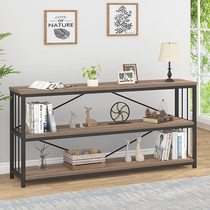 IBF Industrial 3 Tier Bookshelf, Rustic Low Wood and Metal Book Shelf, Farmhouse Long Wide Open Horizontal Bookcase, Modern Large Vintage Etagere for Home Office Bedroom Living Room, Rustic Oak, 63 In
